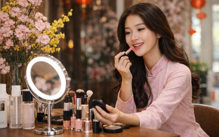 Khách hàng chuẩn bị đánh son sau khi môi hồi phục